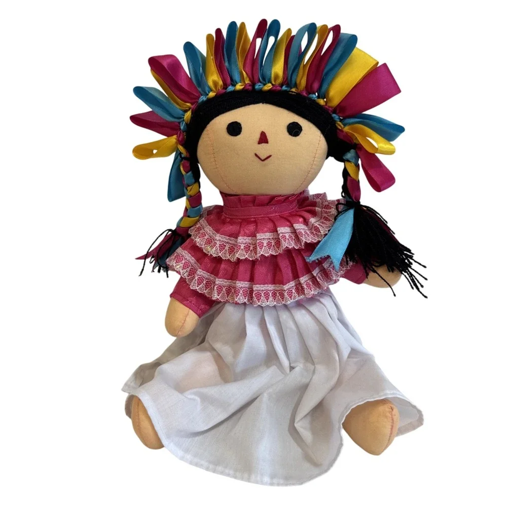 Handmade Folk Art Doll Mexican Inspired Textile Doll Colorful Ribbon‎ Hair Dress